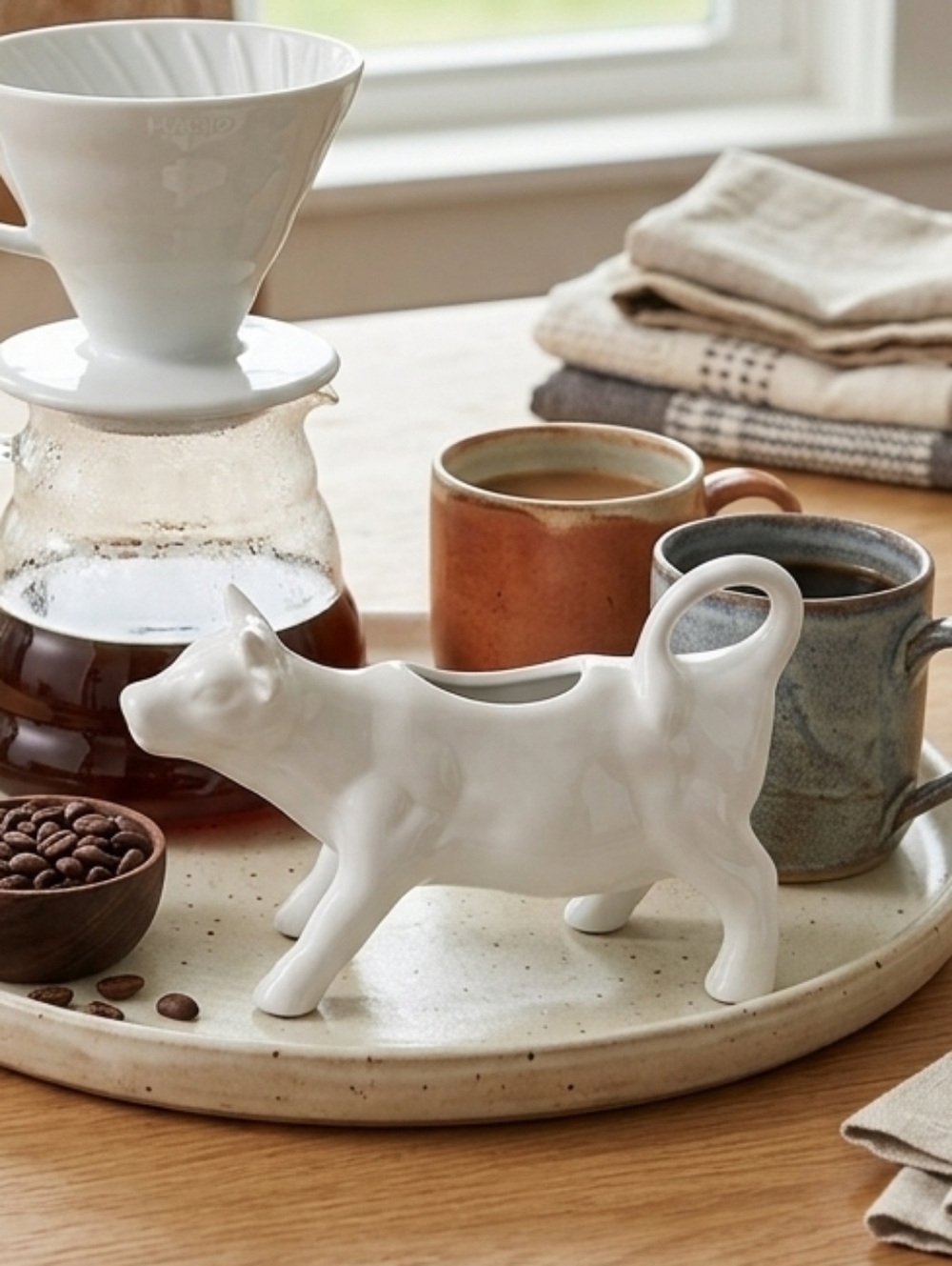 White Porcelain Cow Creamer | Glossy Ceramic Figural Pitcher | Farmhouse Kitchen